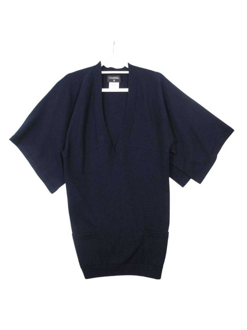Chanel Cashmere Knit Sweater V-Neck Cape Style 40 L Navy